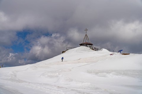 Panorama Transfagara?an observation deck on snowy Lake Balea in the Fagaras Mountains, South