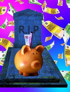Symbolic picture, savings certificate with 500 euro note on tombstone with R.I.P, decline of