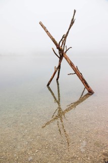 On a foggy morning, a wooden figure made of three branches stands in Lake Almsee. Austria