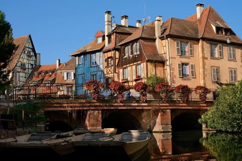 Little Venice, boats on the Lauch, Krutenau, Colmar, Haut-Rhin, Alsace, Grand Est, France
