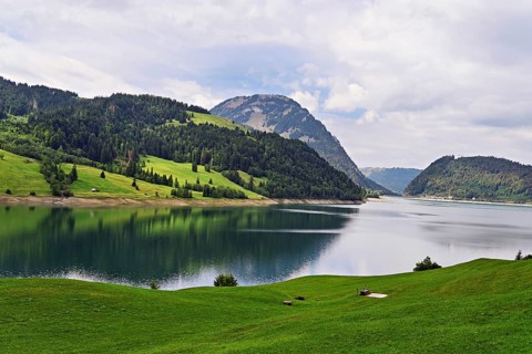 View of Lake Wägitalersee with Große Aubrig in the back, Innerthal, Canton of Schwyz, Switzerland
