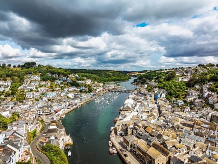 LOOE over River Looe from a drone, Cornwall, England, United Kingdom