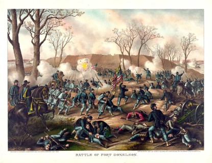 Lithograph of the Battle of Fort Donelson (12–16 February 1862) . The image depicts the decisive