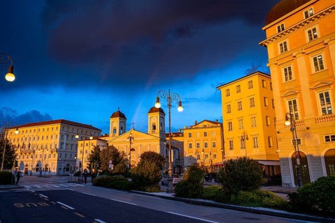 Magnificent buildings and palazzos on the Riva del Mandracchio seaside promenade in the evening