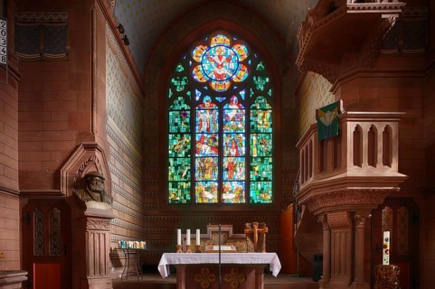 Interior view, altar, choir room, stained glass window, Lutheran St. Brenz Church, Keplerstadt Weil