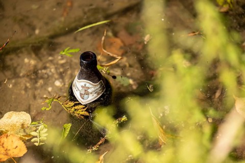 A beer bottle floats in the Olympic Lake at the Superbloom Festival in Munich's Olympic Park on 29
