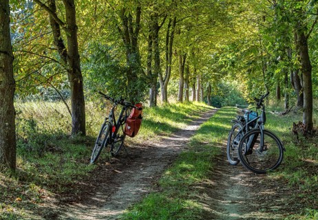 Classic city bike and e-bike with panniers on a dirt road in the Uckermark, Brandenburg, Germany