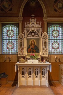 Interior view, altar, altarpiece, stained glass window, Old Island Church, Spiekeroog, East Frisia,