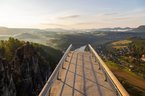 Sunrise on Basteifelsen, the new viewing platform, Rathen, Saxony, Germany