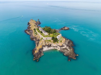 Aerial view of the historic Île des Rimains fortress island with the Fort des Rimains in the