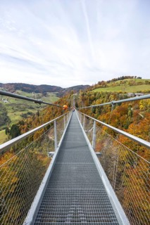 Blackforestline suspension bridge at Todtnau Waterfall in the Black Forest in autumn in Todtnau,