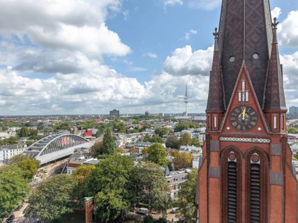 Aerial view of the new Sternbrücke bridge with the Heinrich Hertz Tower (Tele-Michel) and the