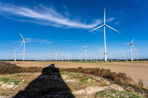 Wind farm near Marsberg-Meerhof, many different wind turbines, North Rhine-Westphalia, Germany