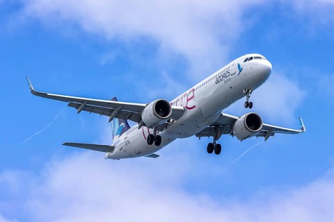 An Azores Airlines Airbus A321LR aircraft with the license plate CS-TSI at Ponta Delgada Airport,