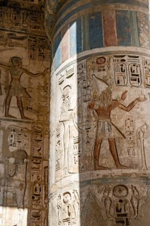 Close up details of the reliefs and hieroglyphs inside Medinat Habu, the ancient Egyptian Mortuary