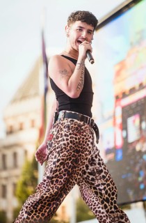 Rapper Baran Kok performing at the opening of CSD Berlin 2006 on 24.07.2026 at the Brandenburg Gate