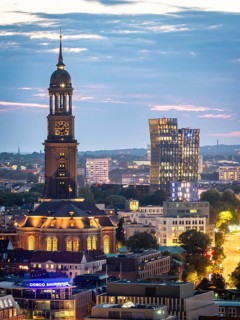 Aerial view of St Michael's Church (Michel) and the ‘Dancing Towers' at the Blue Hour, St Pauli,