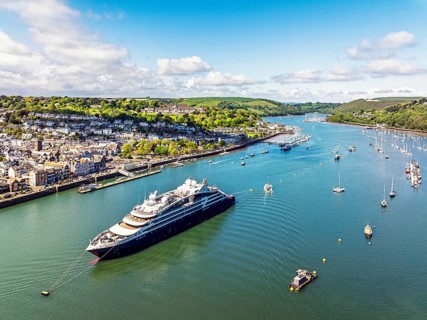 Le Bellot cruising ship on River Dart from a drone, Ponant Explorers, Dartmouth and Kingswear,