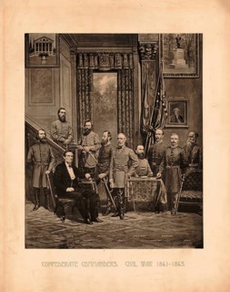 President Jefferson Davis in 1883, seated amongst prominent Confederate commanders during the