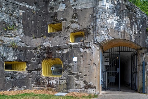 Battle-scarred entrance of Fort Eben-Emael, Belgian WW2 fortress neutralized by German paratroopers