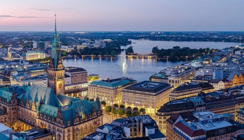 Aerial view of Hamburg City Hall with Inner Alster and Outer Alster at Blue Hour, Hamburg, Germany