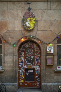 Door, front door, full sticker, logo Dinkelacker Brauerei, trendy pub, tavern, Mata Hari,