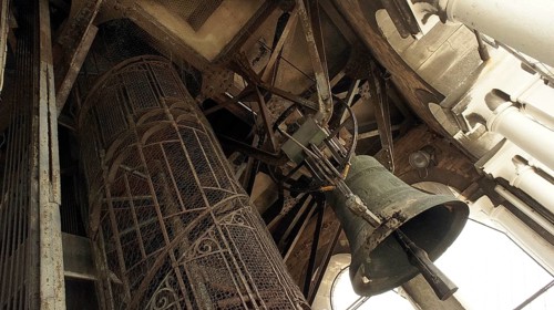 Detailed view of a mechanical tower structure, bell tower, with a large bell, Venice, Veneto, Italy