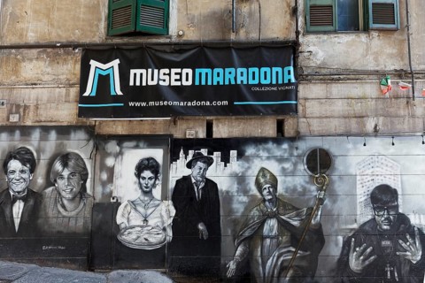 Transparent Maradonna Museum about mural with prominent Neapolitans, Neapolitan soccer icon Diego