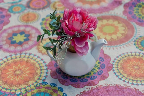 Vintage tablecloth with flower decoration, table decoration, plastic
