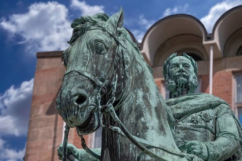 Detail, equestrian statue of Wilhelm I, unveiled in 1905, cloudy sky, Egidienplatz, Nuremberg,