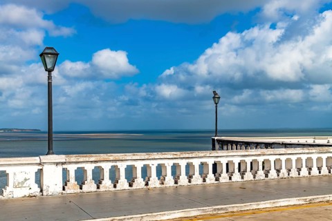 Wall and streetlights by the sea in the historic center of Sao Luis, Maranhao, Sao Luis, Maranhao,