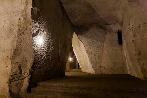 Tuff cave, quarry, in the Borbonica Gallery, Bourbon Tunnel, Naples underground, Campania province,