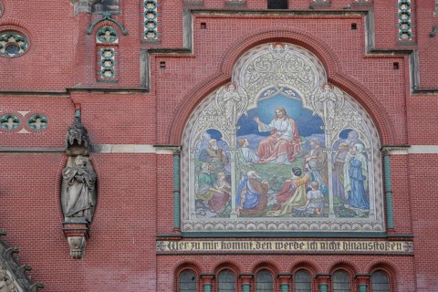 Wall mosaic with Jesus at the Sermon on the Mount and Bible quote, Whoever comes with, I will not