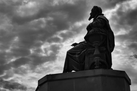 Silhouette, outline, monument to astronomer and mathematician Johannes Kepler, black and white,