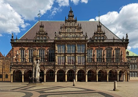 Roland with Bremen Town Hall, an important brick Gothic and Weser Renaissance building, UNESCO