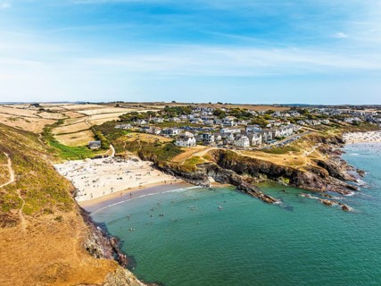 Polzeath Beach over Padstow Bay from a drone, Polzeath, Cornwall, England, Summer 2026