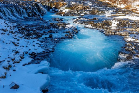 Brúarfoss, waterfall, snow, winter, Golden Circle, Iceland, Scandinavia