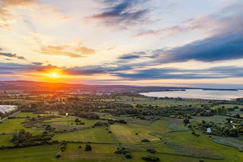 Morning atmosphere on Lake Constance. Sunrise in the Zeller Aachried nature reserve. aerial view.