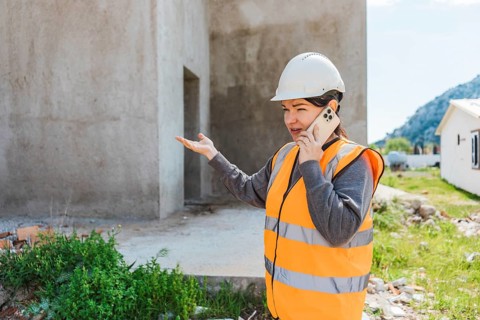 Woman in a hard hat and safety vest talks on her phone at a construction site. The background