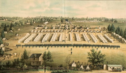 1862 bird's eye view of Camp Millington in Baltimore, Maryland, which housed the 128th New York