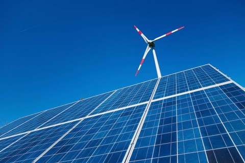 Composing from wind turbine, solar panels and high voltage pylon with power line