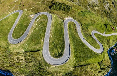 Winding curves of the Julier mountain pass, aerial view, Switzerland