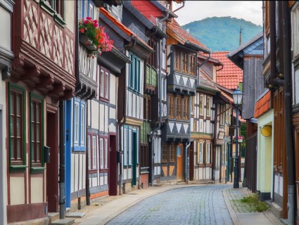 Alley with historic half-timbered houses Wernigerode Harz Germany