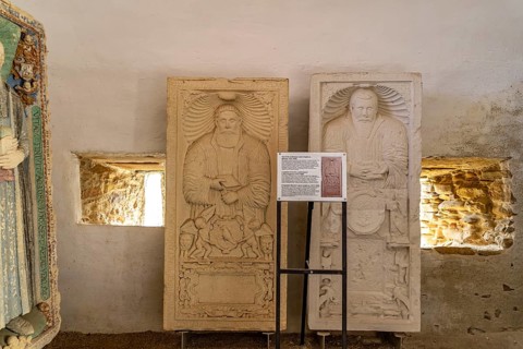 Tombstones of bishops in the fortified church of Biertan, UNESCO World Heritage Site in Biertan or
