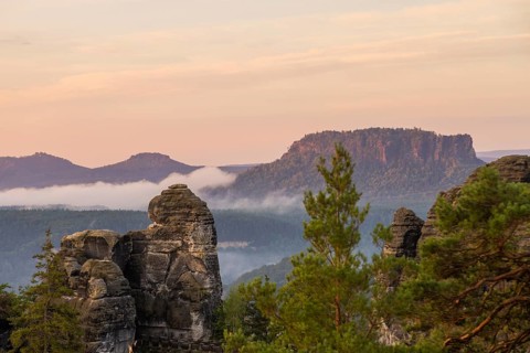 Sunrise on Basteifelsen, view from Ferdinandstein, Rathen, Saxony, Germany