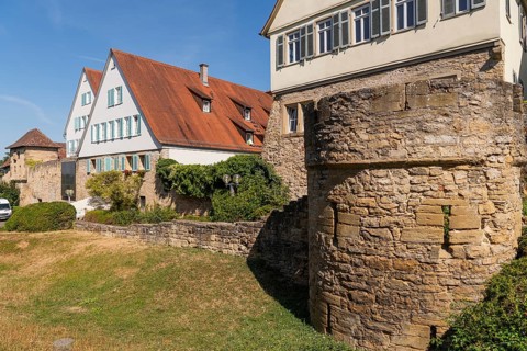 City wall with roundel defence tower and city moat, old town of Marbach am Neckar, historic city