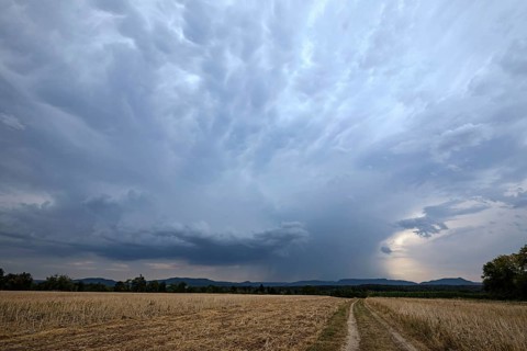 Dark storm clouds and heavy rain gather over a harvested field in Germany, with a dirt road leading