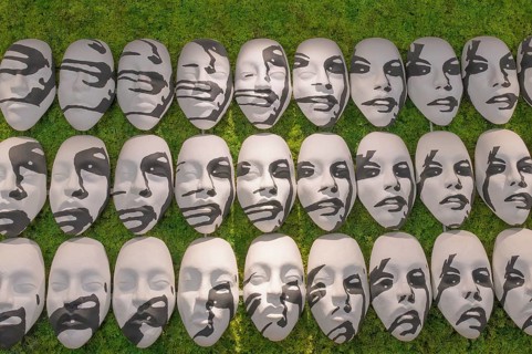 Artwork installation with multiple masks, Hotel One 66, Ljubljana, SloveniaLjubljana, Slovenia