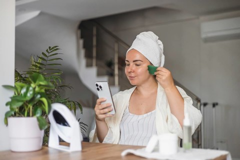 A young Caucasian woman with brown hair in a towel uses a green gua sha tool for facial massage