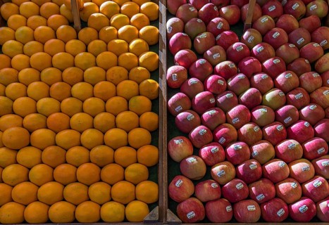 Oranges (Citrus sinensis) and apples (Malus) at a fruit stall, Enschede, Netherlands
